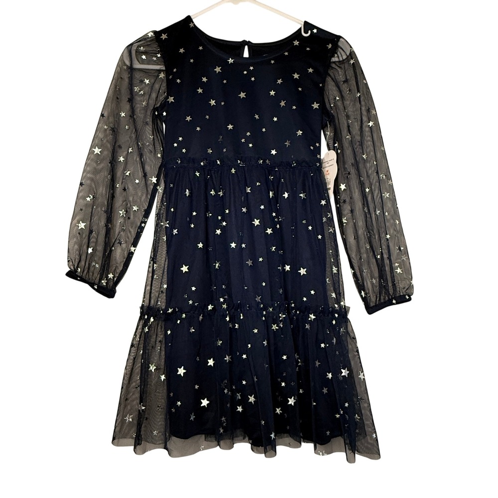 Wonder Nation Girls 7-8 Navy Silver Star Tulle Party Dress Long Sleeve NWT